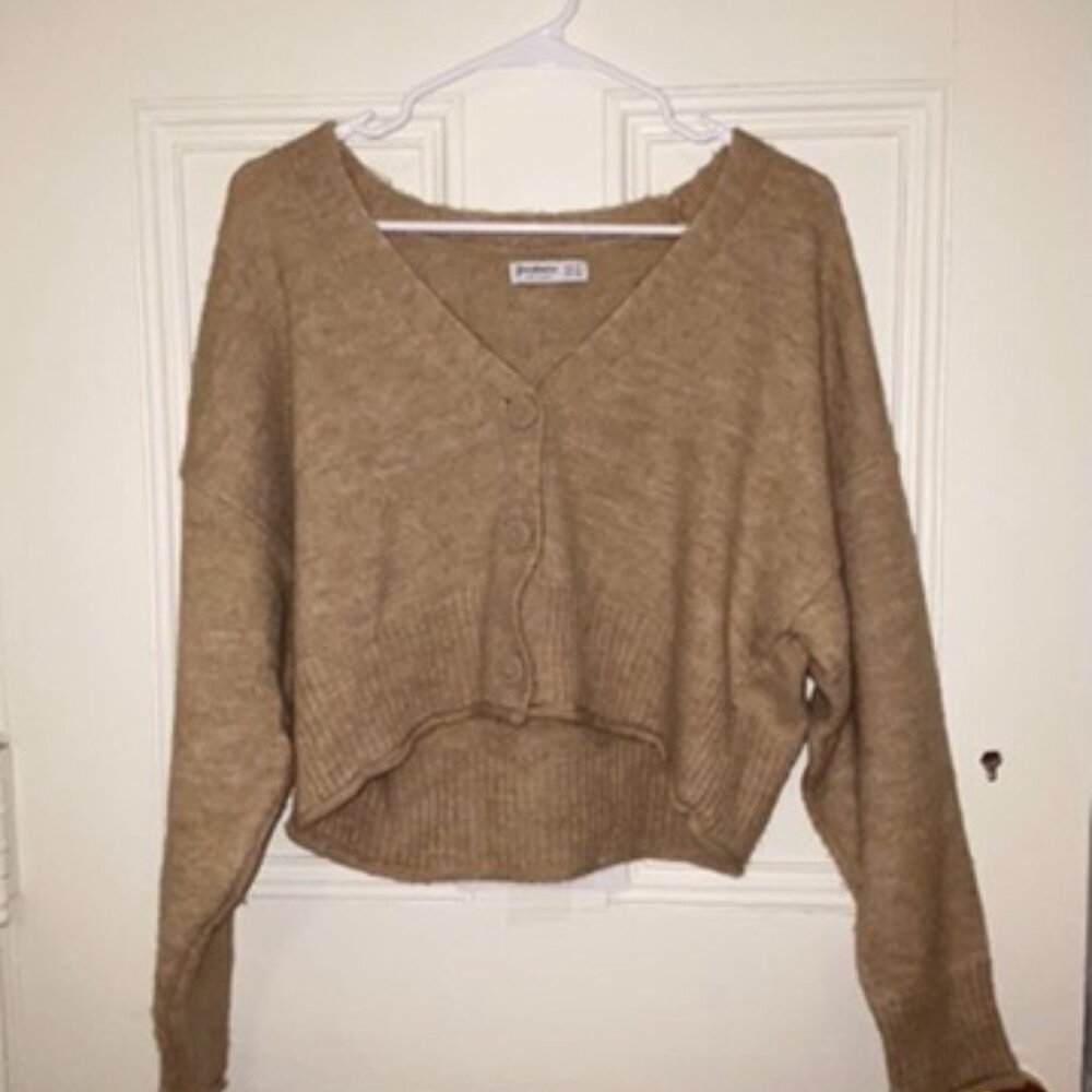 Open V-neckline Brown Cream Cardigan